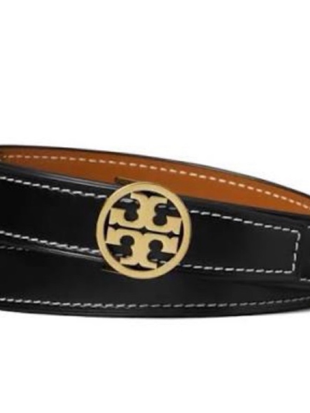 Tory Burch Reversible Miller Black/Tan Leather Belt with Gold Logo Buckle